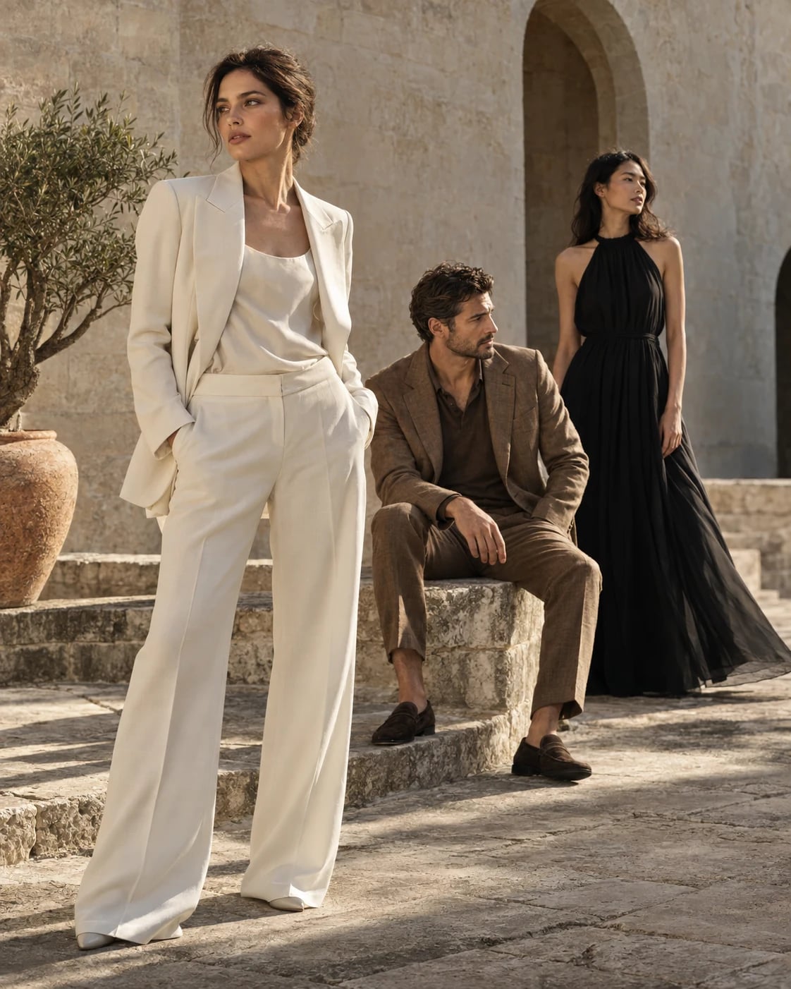 Original AI-generated campaign: three models in neutral tailoring in a sunlit stone courtyard